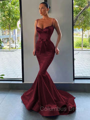 Prom Dresses Long Formal Evening Gown, Trumpet/Mermaid Sweetheart Sweep Train Silk like Satin Prom Dresses With Belt/Sash
