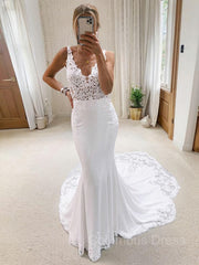 Wedding Dress 2027, Trumpet/Mermaid V-neck Cathedral Train Stretch Crepe Wedding Dresses With Appliques Lace