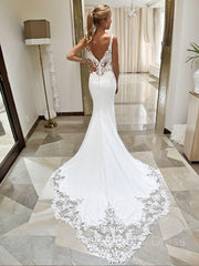 Wedding Dresses For Shorter Brides, Trumpet/Mermaid V-neck Cathedral Train Stretch Crepe Wedding Dresses With Appliques Lace