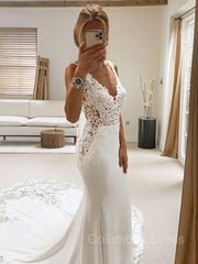Wedding Dress For Short Brides, Trumpet/Mermaid V-neck Cathedral Train Stretch Crepe Wedding Dresses With Appliques Lace