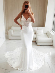 Wedsing Dress Simple, Trumpet/Mermaid V-neck Cathedral Train Stretch Crepe Wedding Dresses With Appliques Lace