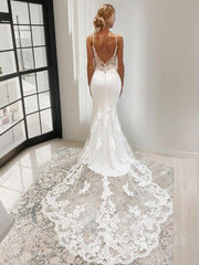 Weddings Dresses Simple, Trumpet/Mermaid V-neck Cathedral Train Stretch Crepe Wedding Dresses With Appliques Lace