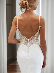 Weddings Dresses Online, Trumpet/Mermaid V-neck Cathedral Train Stretch Crepe Wedding Dresses With Appliques Lace