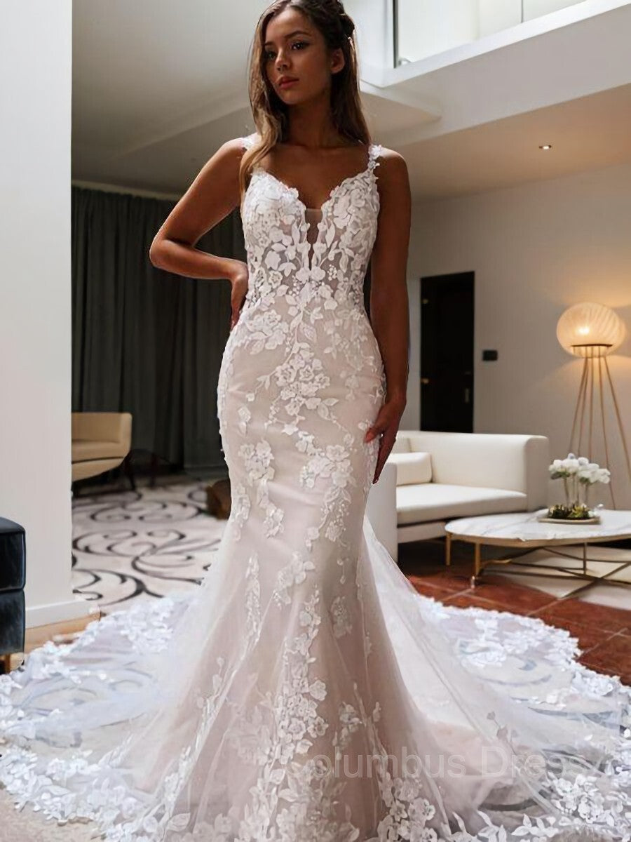Wedding Dresses Trending, Trumpet/Mermaid V-neck Cathedral Train Tulle Wedding Dress with Appliques Lace