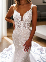 Wedding Dress Shops, Trumpet/Mermaid V-neck Cathedral Train Tulle Wedding Dress with Appliques Lace