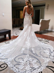 Wedsing Dress Shopping, Trumpet/Mermaid V-neck Cathedral Train Tulle Wedding Dress with Appliques Lace