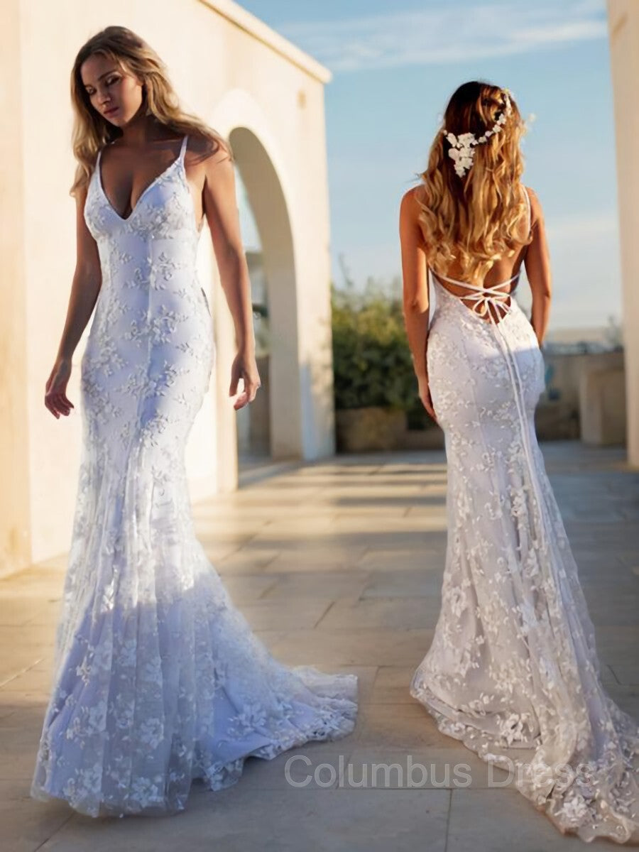 Wedding Dress Boutiques Near Me, Trumpet/Mermaid V-neck Court Train Lace Wedding Dresses