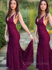 Bridesmaids Dress Styles Long, Trumpet/Mermaid V-neck Sweep Train Lace Evening Dresses