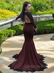 Nice Dress, Trumpet/Mermaid V-neck Sweep Train Stretch Crepe Prom Dresses With Appliques Lace