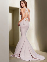 Bridesmaid Dress Style, Trumpet/Mermaid V-neck Sweep Train Stretch Crepe Prom Dresses With Ruffles