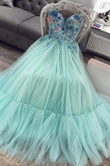 Prom Dresses 2037 Ball Gown, A Line Mint Green Sweetheart Tulle Appliques Long Prom Dresses