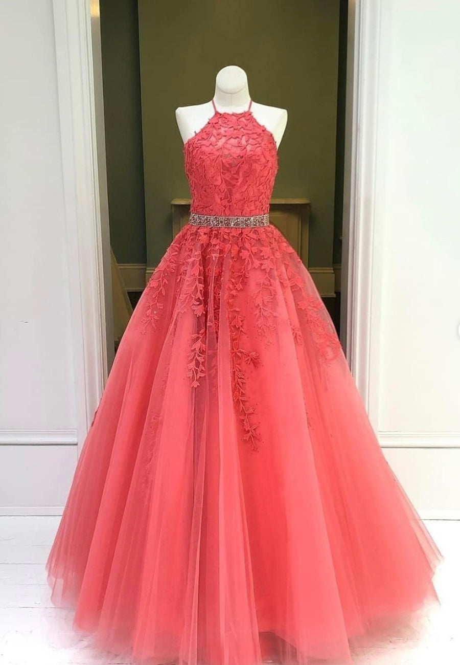 Party Dress Casual, Red Lace Floor Length Prom Dresses, A-Line Formal Evening Dresses