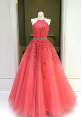 Party Dress Casual, Red Lace Floor Length Prom Dresses, A-Line Formal Evening Dresses