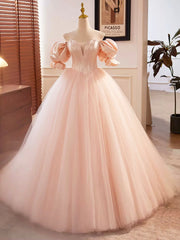 Bridesmaid Dress Designs, Pink Sweetheart Neck Corset Tulle Prom Dress, A-Line Off the Shoulder Sweet 16 Dress