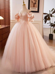 Bridesmaid Dress Designer, Pink Sweetheart Neck Corset Tulle Prom Dress, A-Line Off the Shoulder Sweet 16 Dress