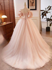Bridesmaid Dresses Designers, Pink Sweetheart Neck Corset Tulle Prom Dress, A-Line Off the Shoulder Sweet 16 Dress