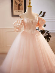 Bridesmaid Dresses Designs, Pink Sweetheart Neck Corset Tulle Prom Dress, A-Line Off the Shoulder Sweet 16 Dress