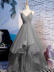 Prom Dresses Stores, Tulle Layers Straps Long Party Dress Formal Dress, A-line Evening Prom Dress