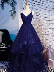 Prom Dress Stores, Tulle Layers Straps Long Party Dress Formal Dress, A-line Evening Prom Dress