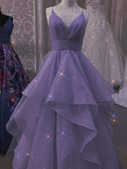 Party Dress Fall, Tulle Lilac Prom Dresses A line Evening Gown