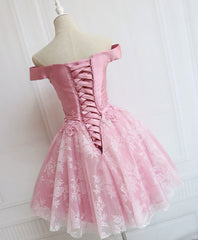 Homecomming Dresses Floral, Tulle Of Shoulder Lace Short Pink Prom Dress Lace Homecoming Dress