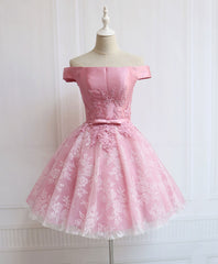 Homecoming Dresses Floral, Tulle Of Shoulder Lace Short Pink Prom Dress Lace Homecoming Dress