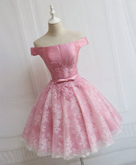 Homecoming Dress Floral, Tulle Of Shoulder Lace Short Pink Prom Dress Lace Homecoming Dress