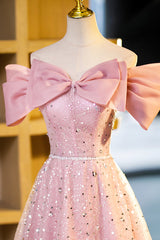 Bridesmaids Dresses Affordable, Tulle Sequins Long Prom Dress, Pink Off Shoulder Evening Dress