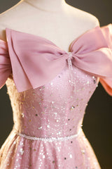 Bridesmaid Dress Affordable, Tulle Sequins Long Prom Dress, Pink Off Shoulder Evening Dress