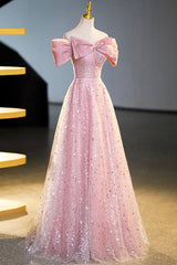 Bridesmaids Dress Affordable, Tulle Sequins Long Prom Dress, Pink Off Shoulder Evening Dress