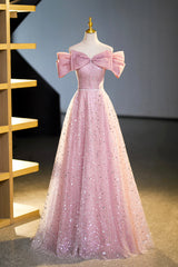 Bridesmaid Dresses Burgundy, Tulle Sequins Long Prom Dress, Pink Off Shoulder Evening Dress