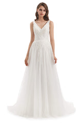 Wedding Dresses Different, Tulle Lace V-neck Backless Wedding Dresses