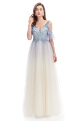 Flowy Prom Dress, Tulle V-neck Beading Long Prom Dresses