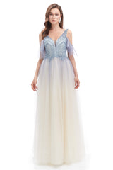 Dream Dress, Tulle V-neck Beading Long Prom Dresses