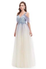 Elegant Dress For Women, Tulle V-neck Beading Long Prom Dresses