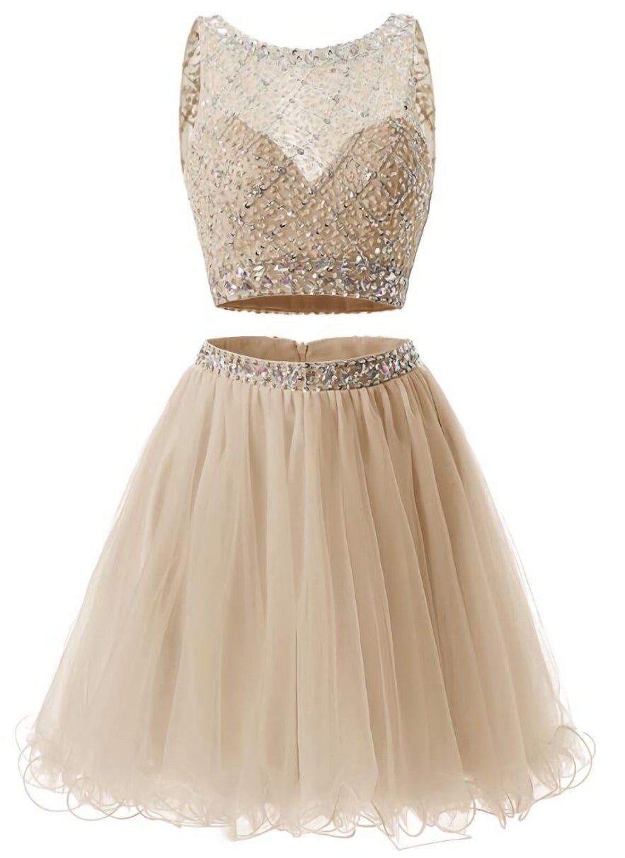 Bridesmaid Dresses Colors, Two Piece Champagne Beaded Tulle Homecoming Dress, Short Prom Dress Party Dress