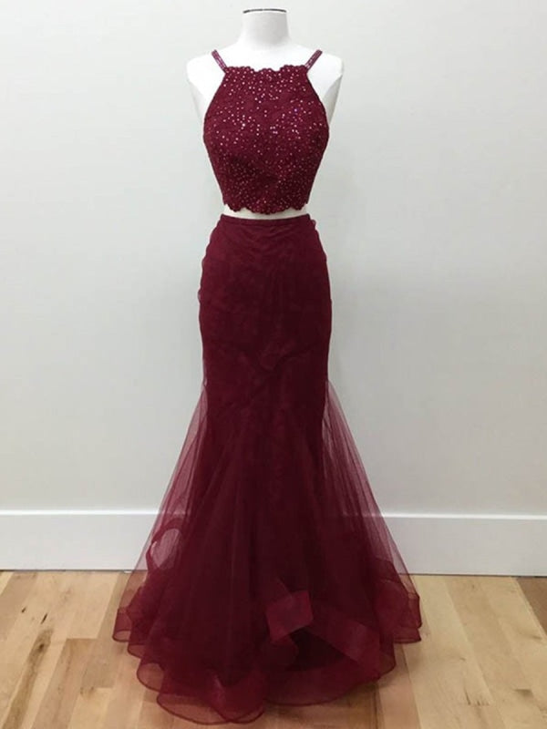 Party Dress For Wedding, Two Pieces Halter Neck Mermaid Tulle Maroon Prom with Beadings, Maroon Formal, Evening