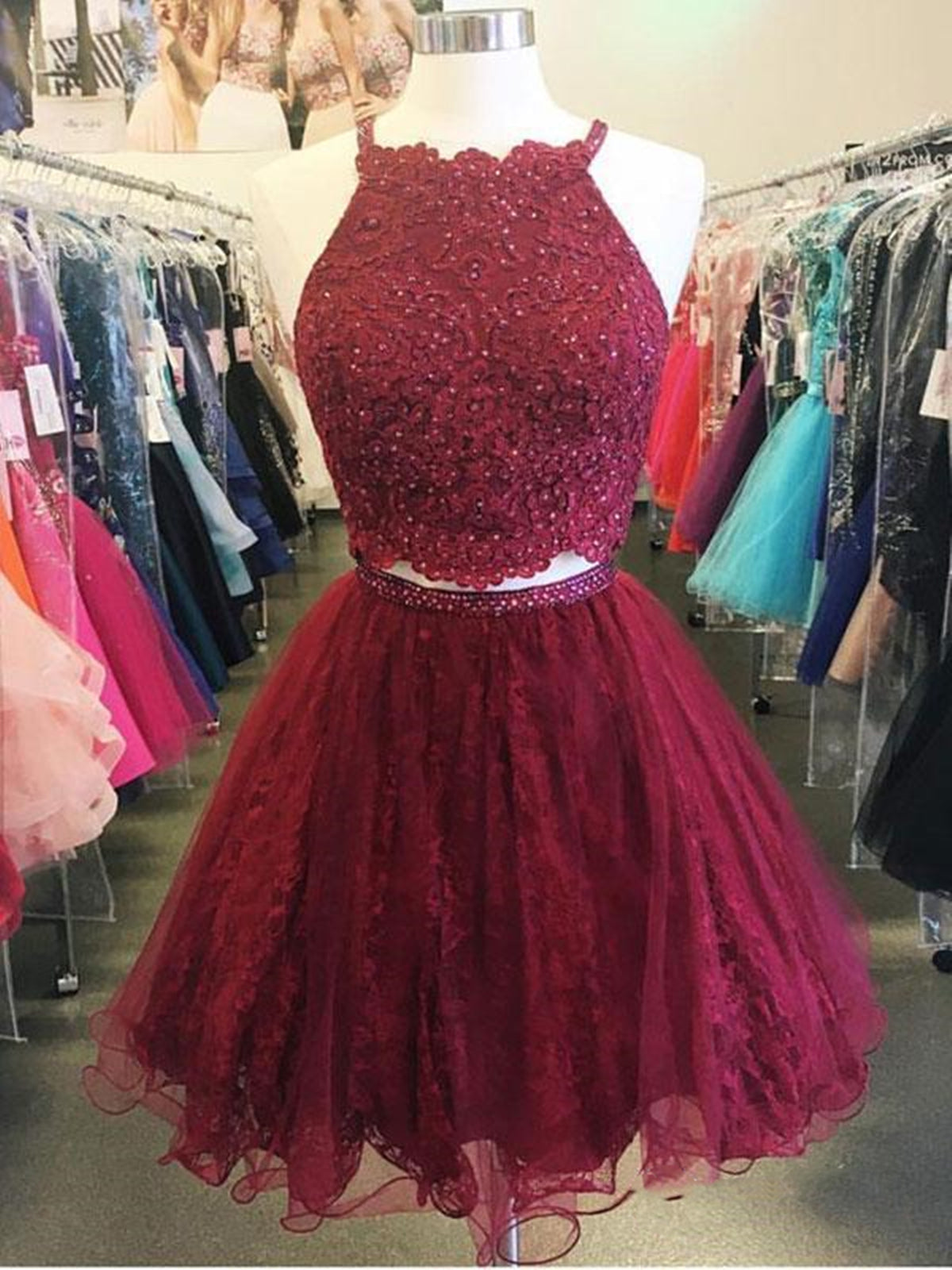 Formal Dresses Prom, Two Pieces Short Burgundy Lace Prom Dresses, Wine Red 2 Pieces Short Lace Formal Homecoming Dresses