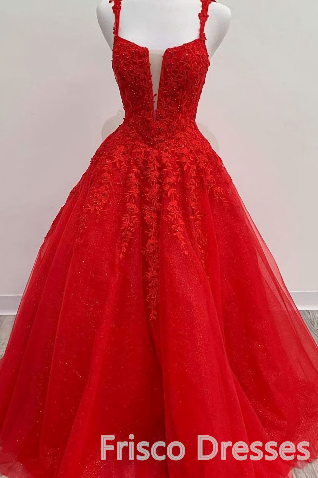 Party Dress In Store, Red Tulle Lace A Line Formal Evening Dresses Appliques Long Prom Dresses