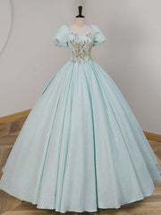 Prom Dress Cheap, Unique A-LIne Satin Lace Long Prom Dresses, Blue Satin Sweet 16 Dresses