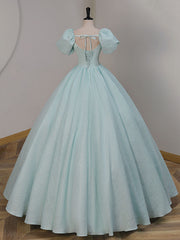 Prom Dress Beautiful, Unique A-LIne Satin Lace Long Prom Dresses, Blue Satin Sweet 16 Dresses