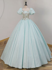 Prom Dresses Unique, Unique A-LIne Satin Lace Long Prom Dresses, Blue Satin Sweet 16 Dresses