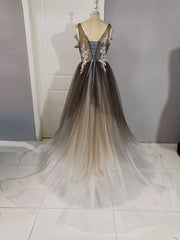 Formal, Unique A line V Neck Tulle Lace Long Prom Dress,  Tulle Formal Dress