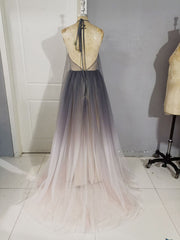 Formal Dresses Gowns, Unique A line V Neck Tulle Long Prom Dress, Tulle Evening Dress