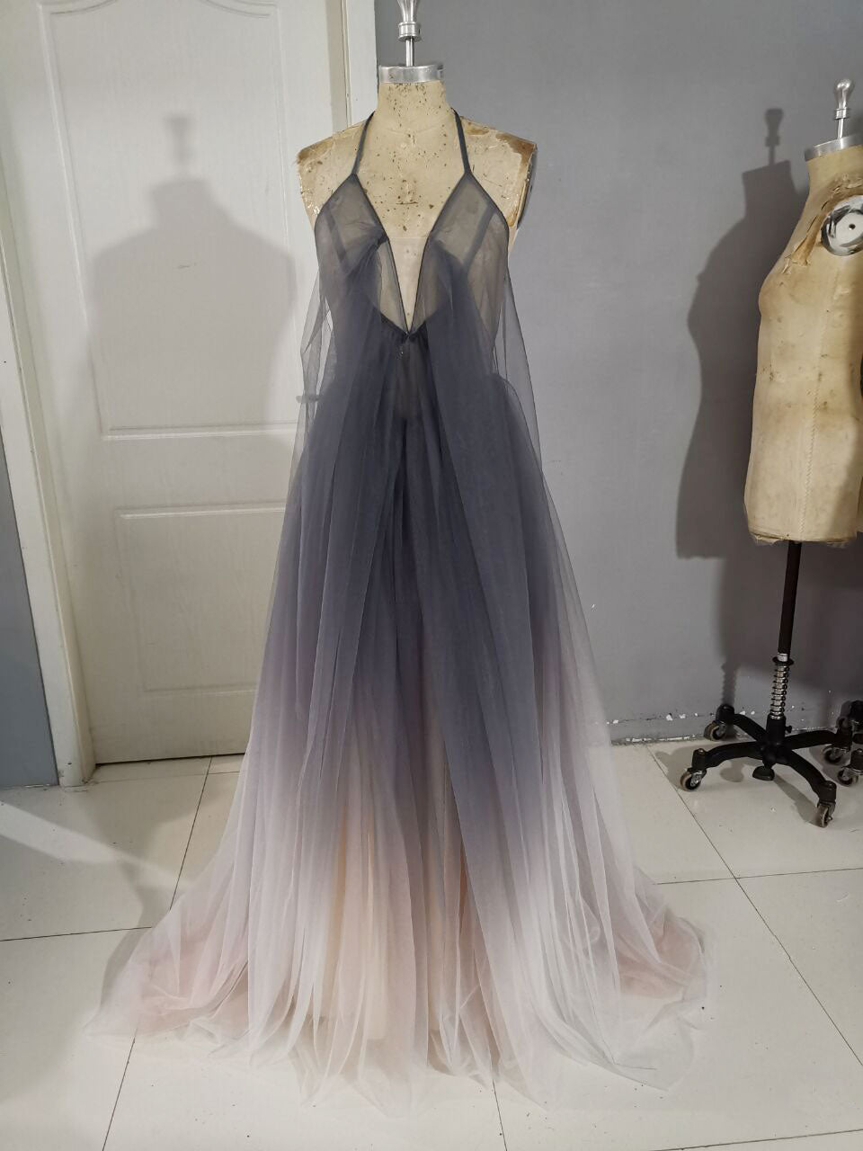 Formal Dress Gown, Unique A line V Neck Tulle Long Prom Dress, Tulle Evening Dress