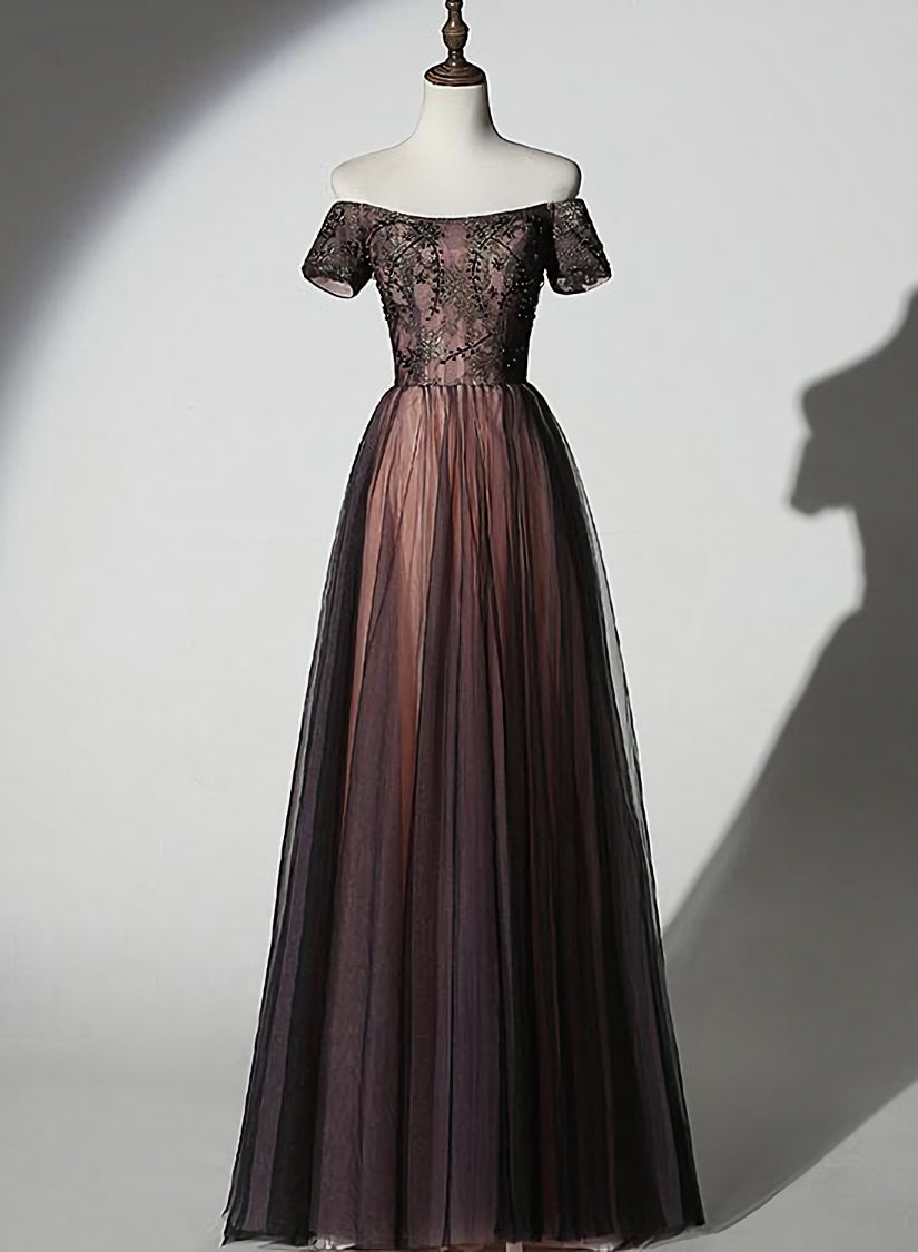 Evening Dresses Lace, Unique Black and Champagne Tulle Long Party Dress, Senior Prom Dress