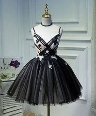 Formal Dress To Attend Wedding, Unique Black Tulle Short Prom Dress, Black Homecoming Dresses