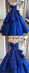 Party Dresses Classy Elegant, Unique blue lace long prom dress, blue long evening dress