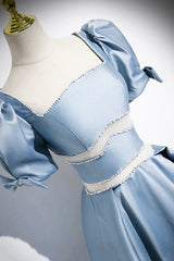 Prom Dress Tight Fitting, Unique Blue Satin Long Prom Dress, A-Line Short Sleeve Blue Evening Dress