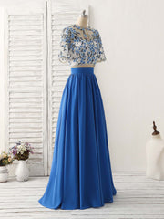 Formal Dress For Graduation, Unique Blue Two Pieces Long Prom Dress Applique Formal Dress